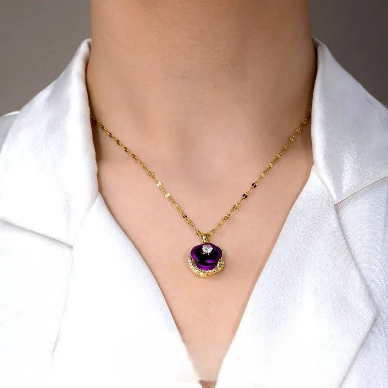 14K Gold-Plated Zircon Purple Rose Necklace worn to showcase its length and pendant detail