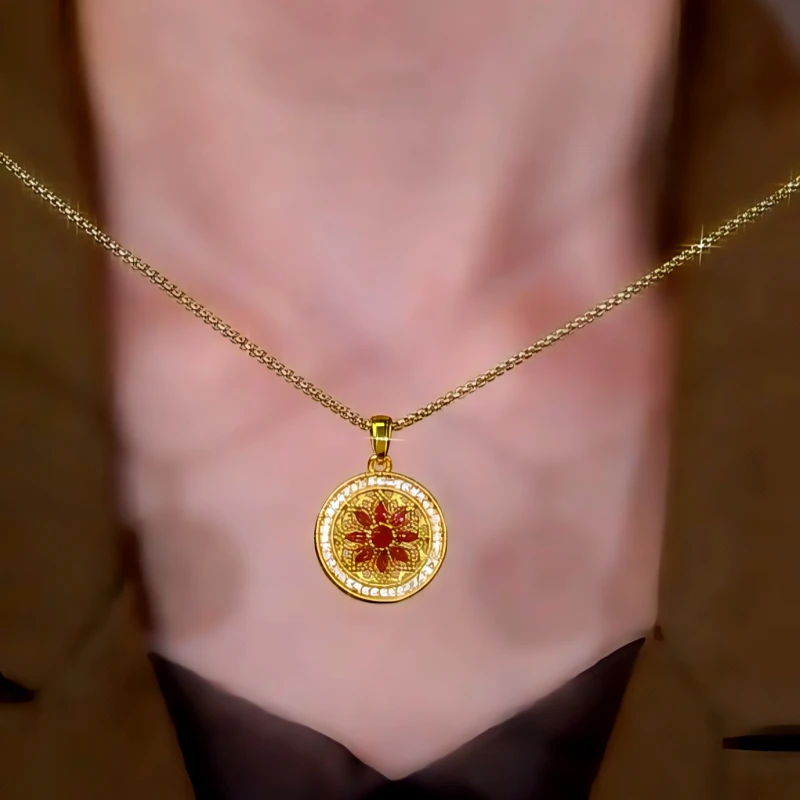 14K Gold-Plated Zircon Red Diamond Flower Pendant Necklace - beautiful Flower Pendant Necklace