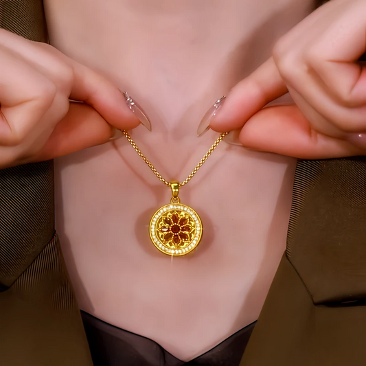 14K Gold-Plated Zircon Red Diamond Flower Pendant Necklace worn to showcase its length and pendant detail