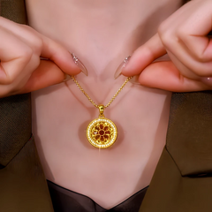 14K Gold-Plated Zircon Red Diamond Flower Pendant Necklace worn to showcase its length and pendant detail