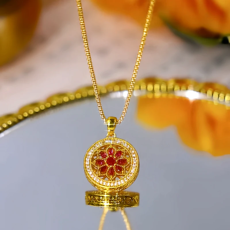 Detailed view of the 14K Gold-Plated Zircon Red Diamond Flower Pendant Necklace chain and pendant