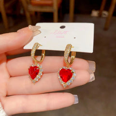 Gold crystal hoop drop earrings with red heart gem halo, Ella18 Jewelry