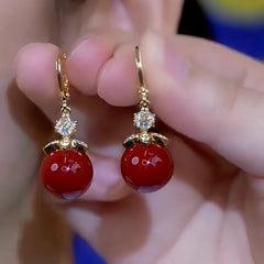 14K Gold-Plated Zircon Red Pearl Earrings - elegant Red Pearl Earrings