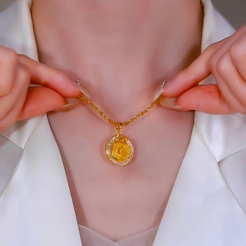 14K Gold-Plated Zircon Rose Pendant Necklace worn to showcase its length and pendant detail