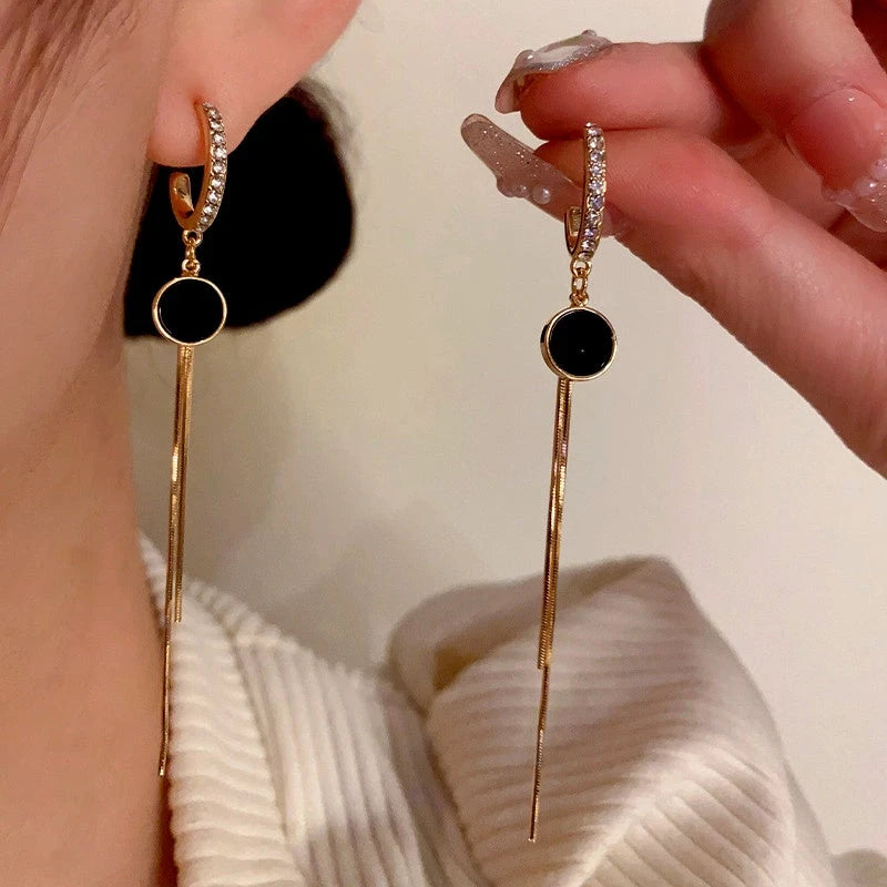 14K Gold-Plated Zircon Round Plate Tassel Earrings - elegant Tassel Earrings