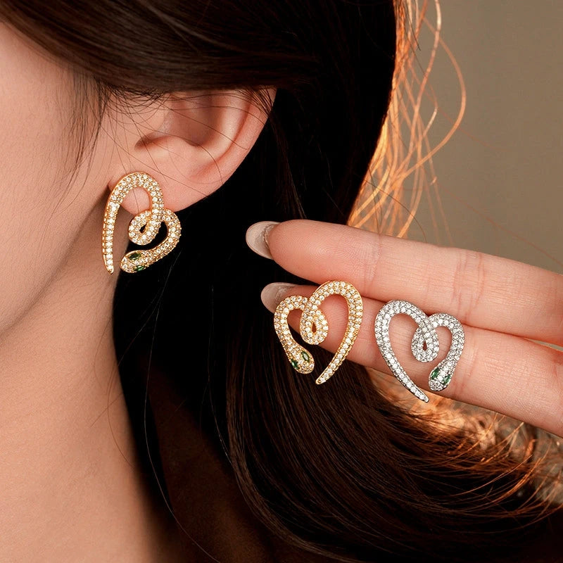 14K Gold-Plated Zircon Snake Heart Stud Earrings - elegant Heart Stud Earrings