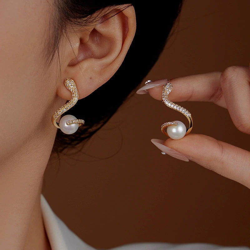 14K Gold-Plated Zircon Snake Pearl Earrings - elegant Snake Pearl Earrings