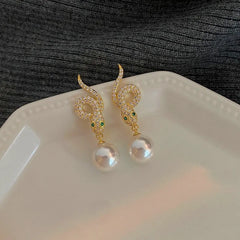 14K Gold-Plated Zircon Snake Pearl Earrings - elegant Snake Pearl Earrings