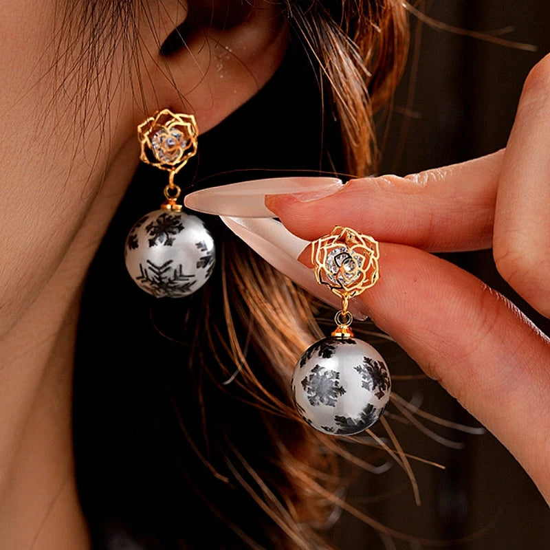 14K Gold-Plated Zircon Snowflake Bead Earrings - elegant Snowflake Earrings