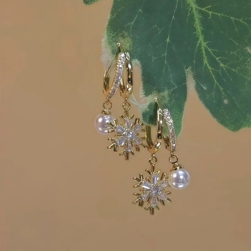Close-up detail of the sparkling zircons and plating on the Pearl Tassel Earrings