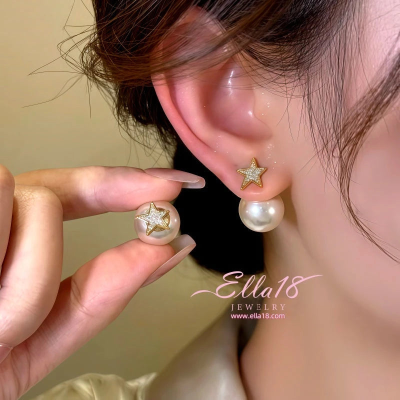 14K Gold-Plated Zircon Star Pearl Earrings - elegant Pearl Earrings