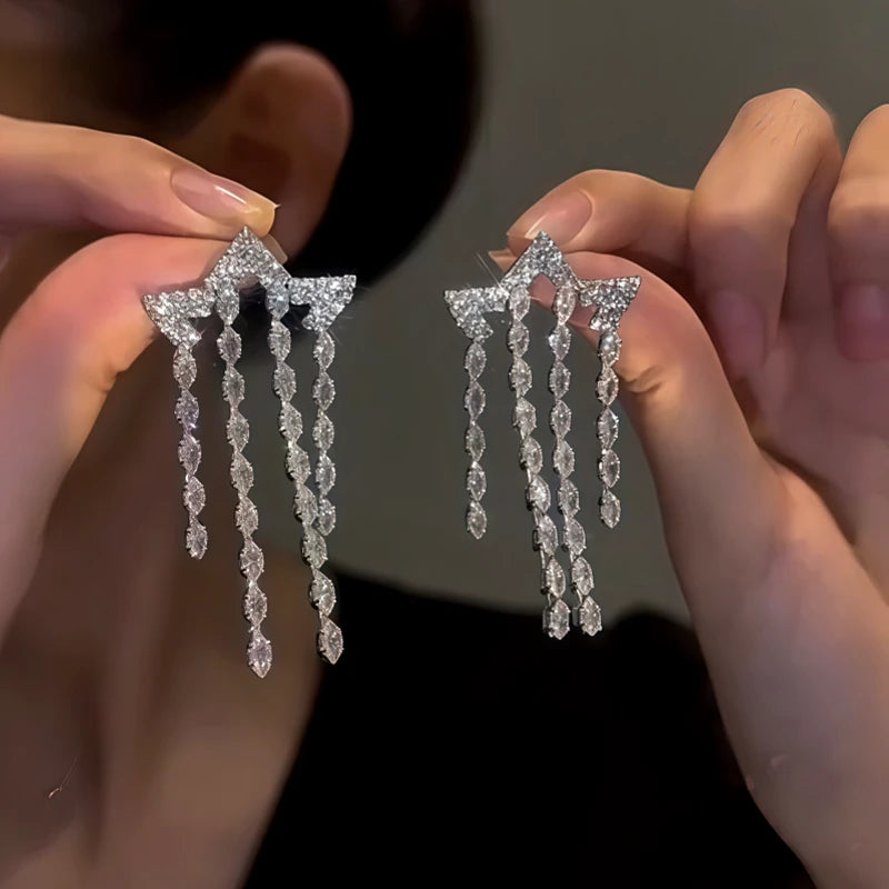 14K Gold-Plated Zircon Star Tassel Earrings - elegant Star Tassel Earrings