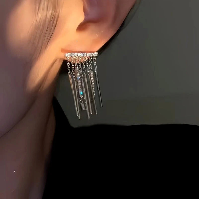 Close-up detail of the sparkling zircons and plating on the Zircon Tassel Earrings