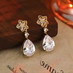 Gold Flower Dangle Earrings with Pear-Shaped Clear Cubic Zirconia Drops