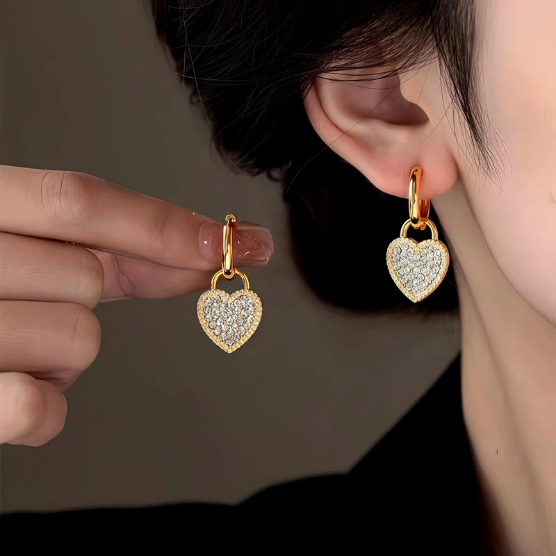 14K Gold-Plated Zircon Diamond Heart Earrings - elegant Gold Heart Earrings