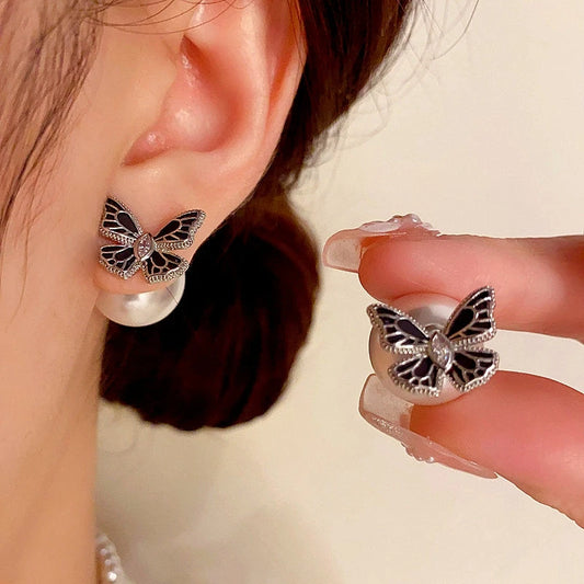14K Gold-plated Black Butterfly Pearl Jacket Earrings - elegant gold butterfly earrings