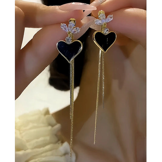 14K Gold-plated Black Heart Tassel Earrings - elegant Heart Tassel Earrings