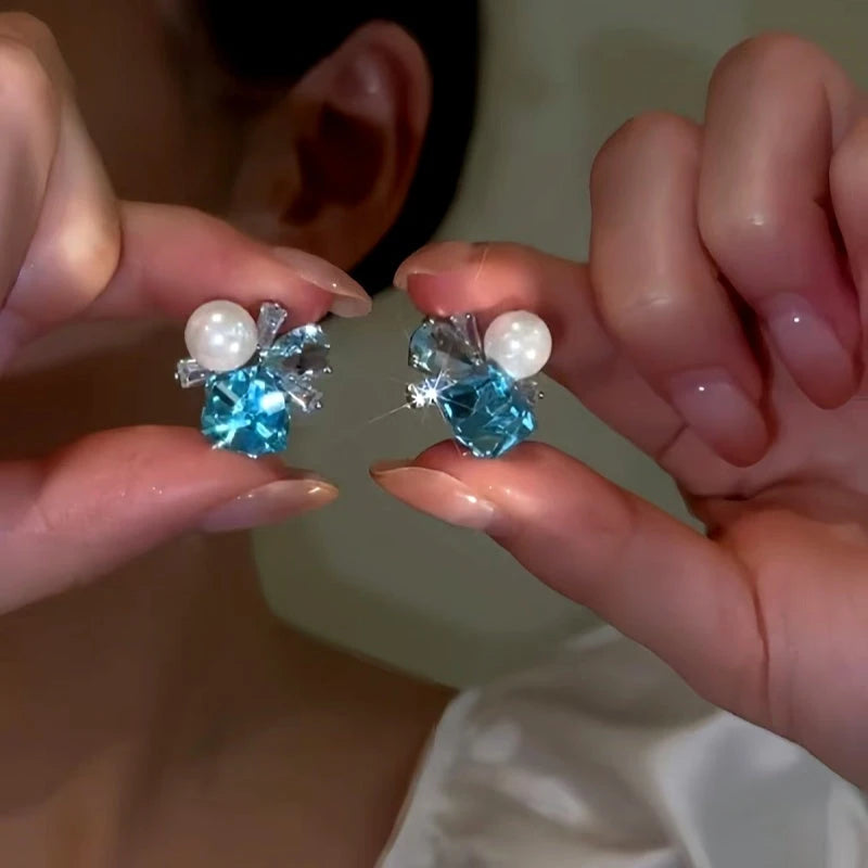 14K Gold-plated Blue Diamond Pearl Earrings - elegant Blue Diamond Earrings