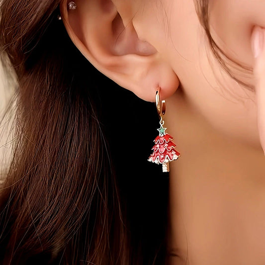 Model showcasing the dangle and style of the 14K Gold-plated Christmas Diamond Zircon Christmas Tree Earrings
