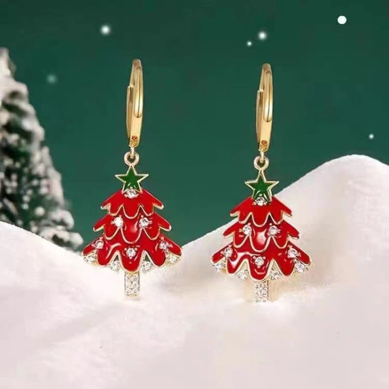 Angled view of the 14K Gold-plated Christmas Diamond Zircon Christmas Tree Earrings