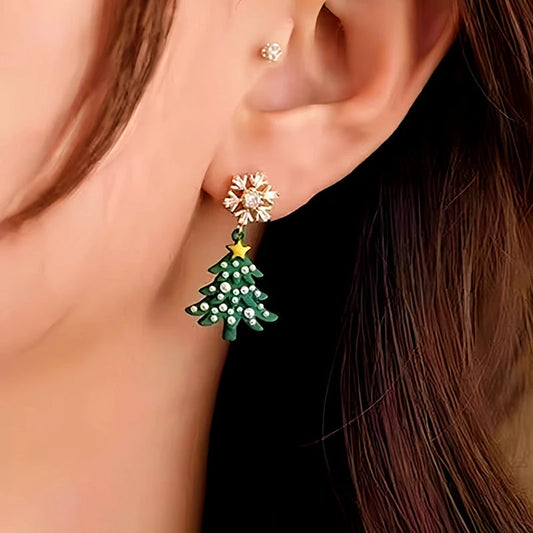Model showcasing the dangle and style of the 14K Gold-plated Christmas Diamond Zircon Snowflake Christmas Tree Earrings