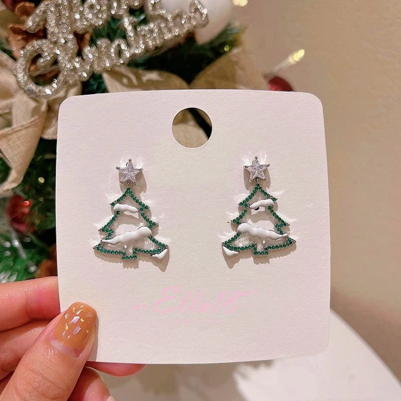 Angled view of the 14K Gold-plated Daimond Christmas Tree Earrings