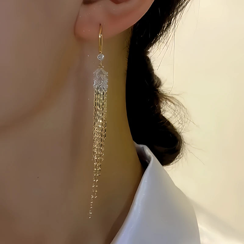 Close-up detail of the sparkling zircons and plating on the Wheat Tassel Earrings