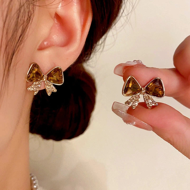 14K Gold-plated Diamond Bow Earrings - elegant Brown Diamond Bow Earrings
