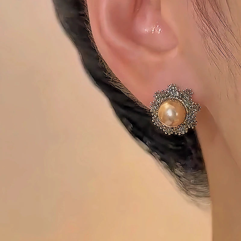 14K Gold-plated Diamond Champagne Pearl Earrings - elegant Champagne Pearl Earrings