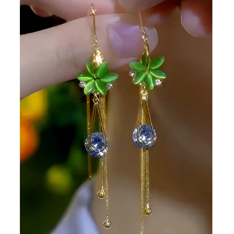 14K Gold-plated Elegant Green Opal Flower Threader Earrings - elegant Opal Flower Earrings