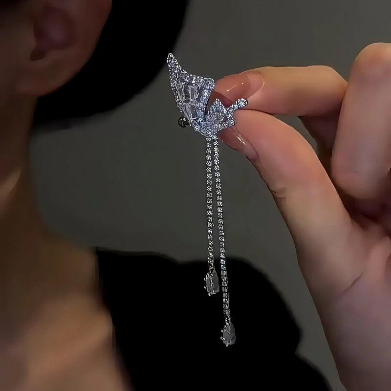 14K Gold-plated Elegant Zircon Butterfly Tassel Ear Clips ( 1 Pair ) - elegant Butterfly Ear Clips