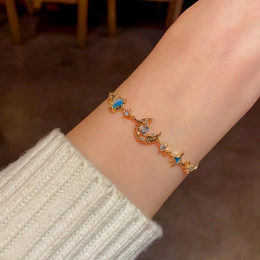 14K Gold-plated Exquisite Diamond Blue Star And Moon Bracelet - chic Star And Moon Bracelet
