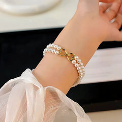 14K Gold-plated Exquisite Heart-Design Double-Layer Pearl Bracelets - chic Double Layer Pearl Bracelets