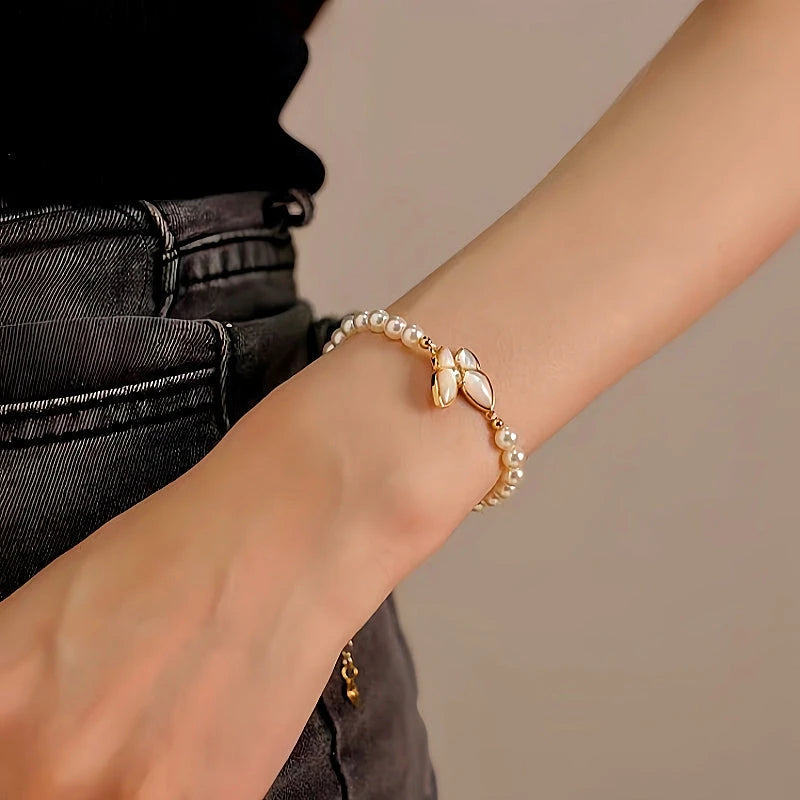 Full view of the elegant 14K Gold-plated Exquisite Pearl Butterfly Bracelets