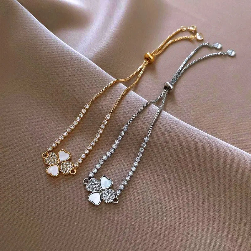 Full view of the elegant 14K Gold-plated Exquisite Zircon Adjustable Four-Leaf Bracelets