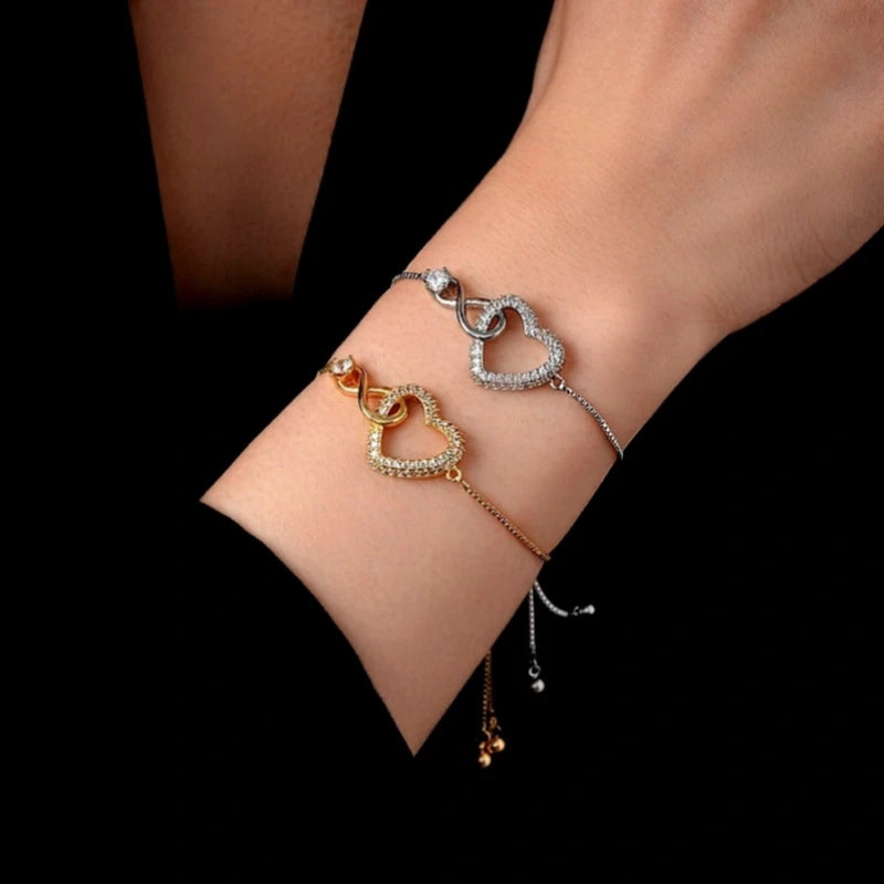 Full view of the elegant 14K Gold-plated Exquisite Zircon Adjustable Heart Bracelet