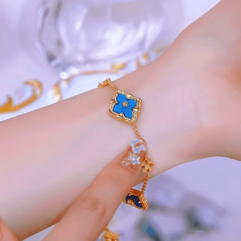 14K Gold-plated Exquisite Zircon Blue Shell Four-Leaf Clover Double-Sided Bracelets - chic Four-Leaf Clover Bracelets