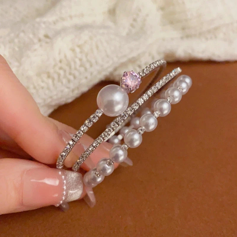 Full view of the elegant 14K Gold-plated Exquisite Zircon Pearl Stacking Bracelets