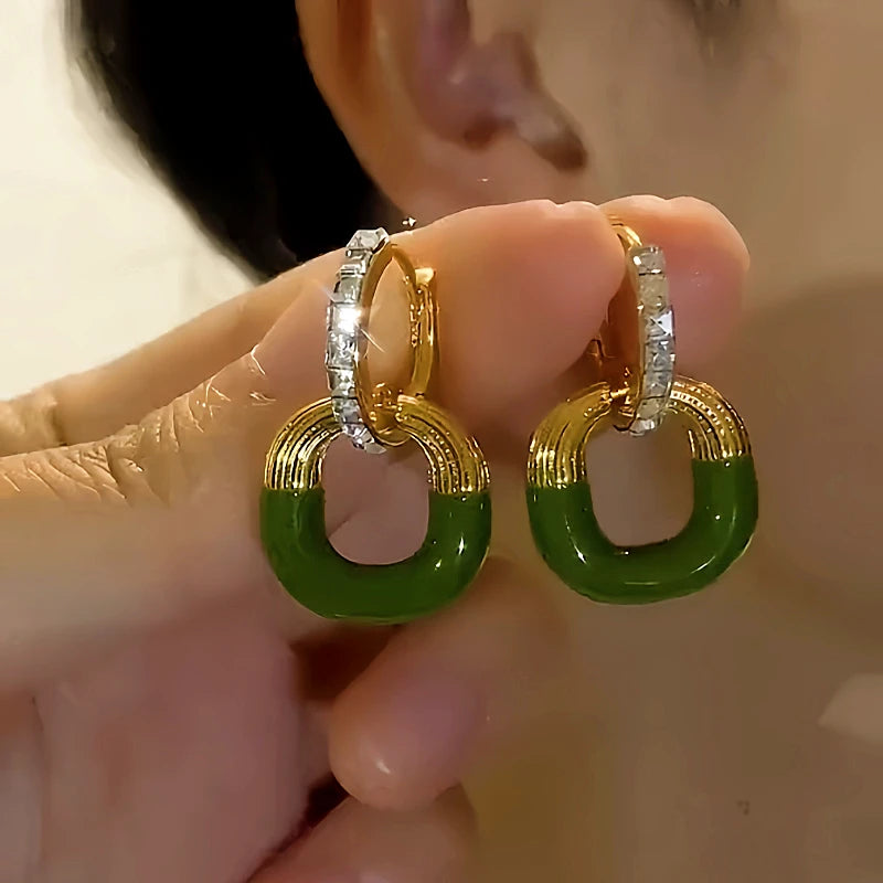 14K Gold-plated Green Square Earrings - elegant Green Square Earrings