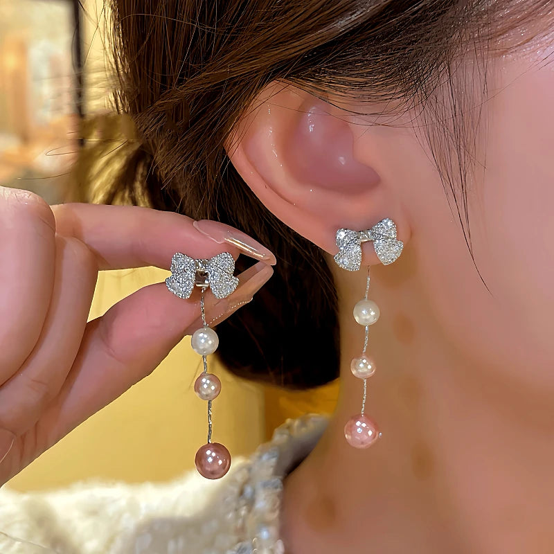 14K Gold-plated Luxury Bow Pearl Tassel Earrings - elegant Bow Pearl Tassel