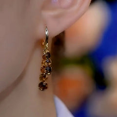 Model showcasing the dangle and style of the 14K Gold-plated Luxury Brown Diamond Crystal Earrings