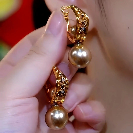 14K Gold-plated Luxury Brown Diamond Pearl Earrings - elegant Brown Pearl Drops