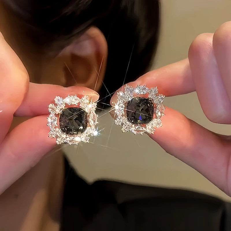 14K Gold-plated Luxury Diamond-Studded Grey Crystal Earrings - elegant Grey Crystal Earrings