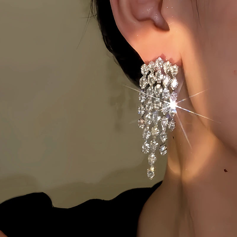 Close-up detail of the sparkling zircons and plating on the Diamond Tassel Earrings