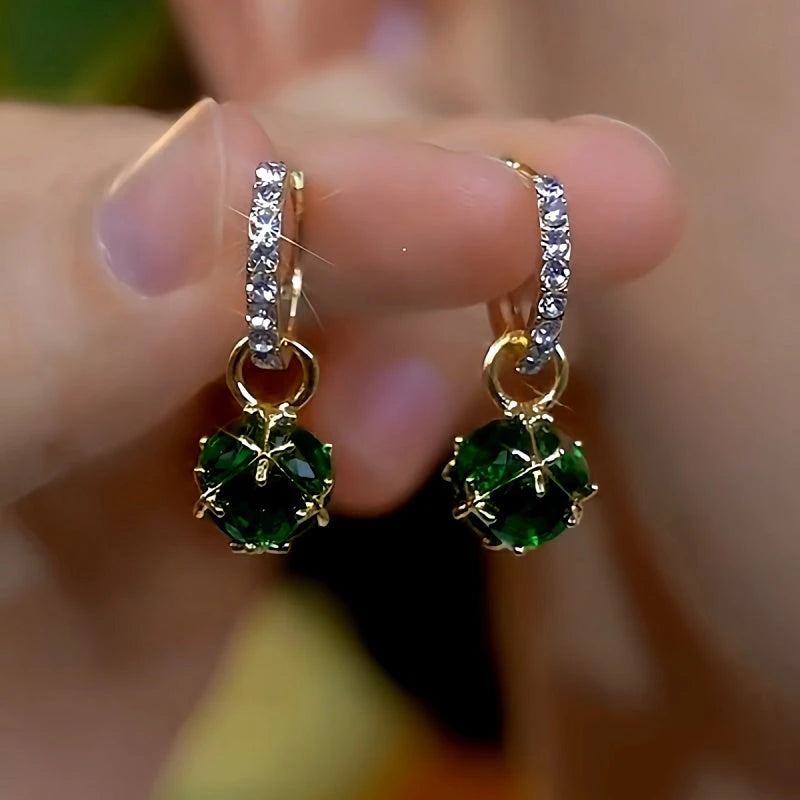 14K Gold-plated Luxury Green Diamond Ball Earrings - elegant Green Diamond Earrings