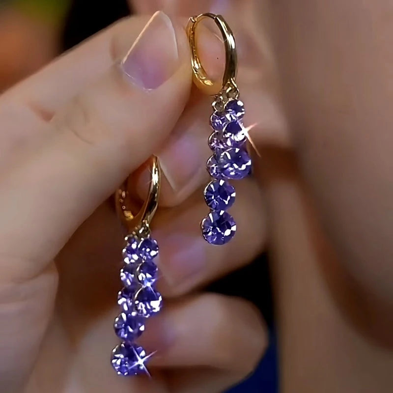 14K Gold-plated Luxury Purple Zircon Diamond Earrings - elegant Purple Diamond Earrings