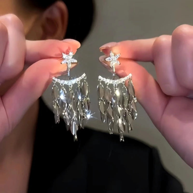 Close-up detail of the sparkling zircons and plating on the Simple Tassel Earrings