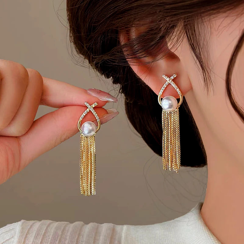 14K Gold-plated Pearl Tassel Earrings - elegant Pearl Tassel Earrings