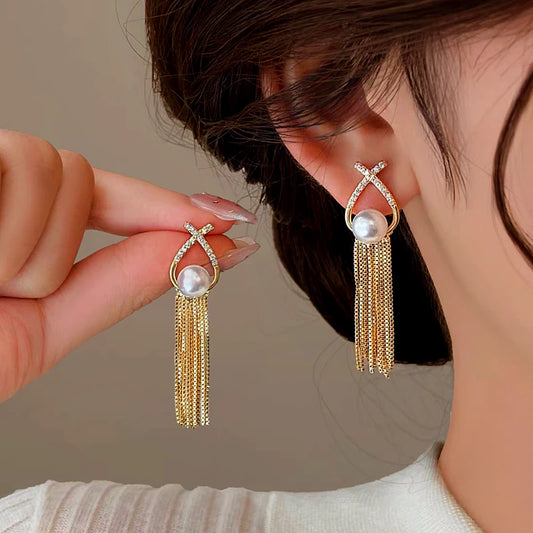 14K Gold-plated Pearl Tassel Earrings - elegant Pearl Tassel Earrings