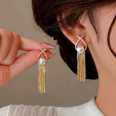 14K Gold-plated Pearl Tassel Earrings - elegant Pearl Tassel Earrings